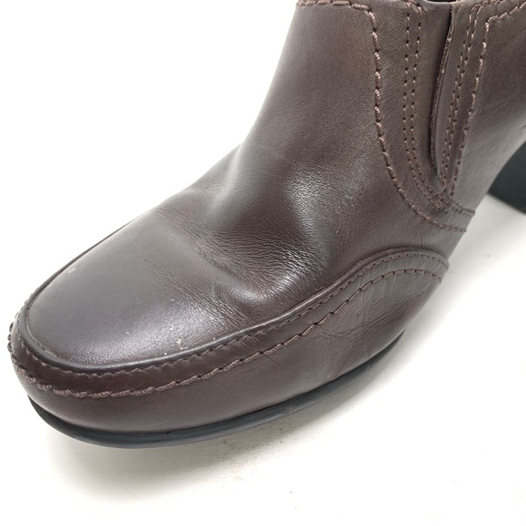 CLARKS Chocolate Brown Chunky Block High Heels Clogs Booties Leather Shoes 9 W - Picture 7 of 16